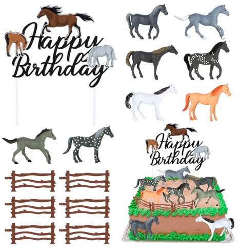 Yamitora 15 Stück Pferde Tortendeko Geburtstag Cake Toppers Kuchen Deko | Pferde Cupcake Toppers,Realistische Kunststoff Pferde Zaun Tortenstecker,für Geburtstag Thema Party Torte Dekorationen