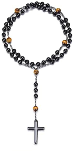 CrystalTears Rosenkranz Halskette Hematite Kreuzanhänger mit Obsidian Perlenkette Damen Herren Amulett Schmuck spirituelle Geschenk