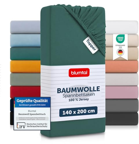 Blumtal® Baumwolle Spannbettlaken für Topper 140x200cm Basics Jersey - Bettlaken 140x200cm - Oeko-TEX zertifiziertes Spannbetttuch 140x200 - Topper Spannleintuch 140x200 - Betttuch - Silver Pine