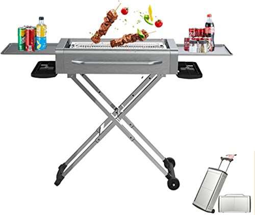 Parrilla de carbón para barbacoa, plegable con ruedas, parrilla portátil tipo equipaje, para acampar al aire libre y reuniones familiares y amigos