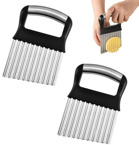 2 Pcs Potato Crinkle Cutter, Stainless Steel Carrot Slicer with Safety Cover Potato Chipper Cutter for Potato Cucumber Carrot