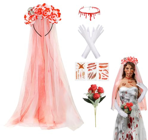 5STK Halloween Kostüm Damen Braut Zubehör, Dia de Los Muertos Haarreif Halloween Schleier mit Blut Narben Tattoos Blut Kette Handschuhe Rosenstrauß, Halloween Zubehör Zombie Horror Braut Kostüm Damen
