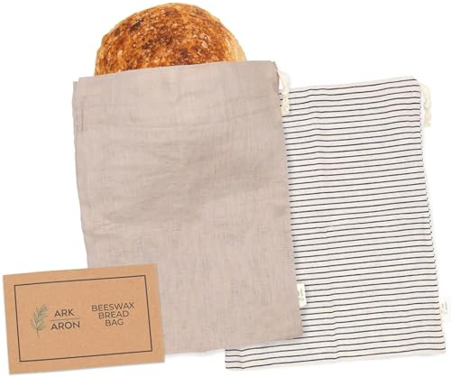 Ark & Aron Reusable Bread Bags - Pack of 2 Beeswax Bread Bags for Sourdough | Linen Bread Bag for Homemade Breads | Sourdough Loaf Bags | Cotton Food Storage Bag for Breads(Olive Leaf/Almond Branch)