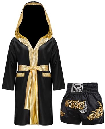 RUNQHUI - Boxningsbadrock för pojkar (MMA-set), MMA med Muay Thai Kick Boxing Combat-shorts, svart, 9-10 år