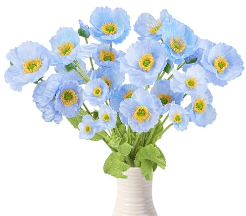 Zythrem 6pcs Künstliche Mohnblumen Blütenstrauß Fake Blumen Deko Blau, Kunstblumen für DIY Hochzeitsarrangements