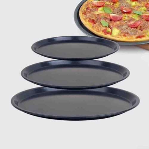 HEBEOT Set di 3 teglie per pizza in acciaio al carbonio, teglia rotonda nera per forno per pizza per casa, cucina, panetteria, ristorante