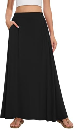 Leafsay Damen Maxi-Rock in A-Linie, lang, lässig, elastisch, hohe Taille, fließende Röcke mit Taschen, Schwarz, XX-Large