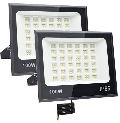 2 StückLED Strahler Außen 100W, 2M Kabel 6500K Kühlweiß 10000LM LED Scheinwerfer, Strahler Außen IP66 Wasserdicht, für Gärten, Terrassen, Höfe, Balkone, Parks, Garagen, Fabriken