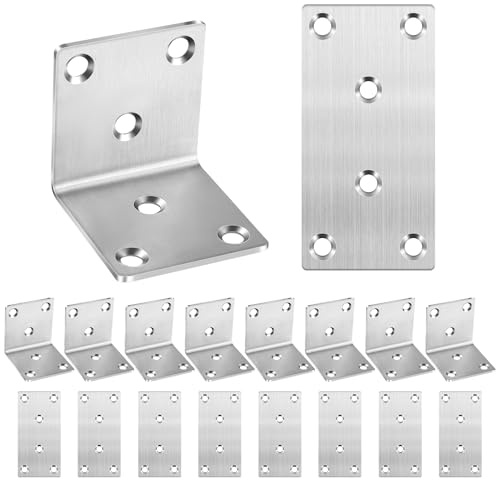 16Pcs Metal Brackets for Wood, 8 Angle Connector & 8 Flat Joining Plates | Heavy Duty Sleeper Brackets, Stainless Steel Corner Brace, Mending Plates for Fence Wood Repair Fixing