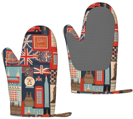 England Symbols Oven Mitts Set of 2 Heat Resistant Silicone Oven Gloves with Soft Lining Non-Slip Kitchen Cooking Mitt Long Waterproof Potholders Kitchen Essentials