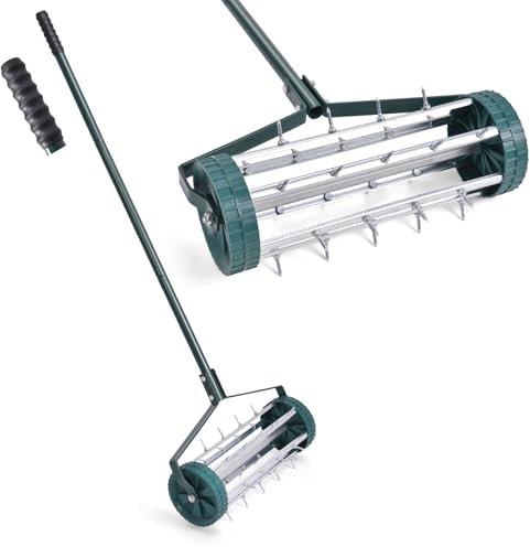RELAX4LIFE Scarificateur Gazon Manuel avec Garde-Boue&Poignée&Rouleau à Pointes Rotatives, Rouleau Aérateur Gazon de Pelouse en Métal pour Jardin Cour Patio, Vert (sans Garde-Boue)