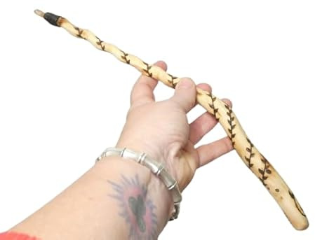 Wooden Wand made from English Yew Wood with Sunset Aura Quartz Point and Velvet Pouch