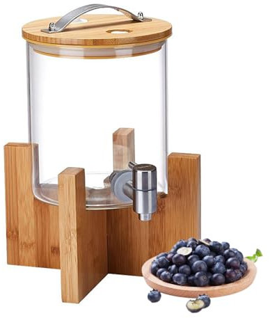 GTHTUHFD Distributore di Bevande con Supporto, Distributore di Bevande in Vetro con Rubinetto, Supporto in Legno, Macchina per Bevande in Bottiglia d'Acqua,3L