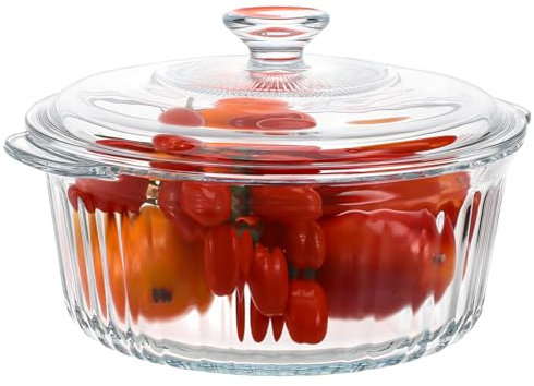 POPETPOP Round Glass Casserole Dish with Lid Clear Bakeware for Oven High Borosilicate Glass Cookware Multi Purpose Deep Casserole for Stewing Braising and Soup Making