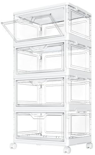 StowBin Scatole portaoggetti con coperchio, impilabili a 4 ripiani, 23 l, trasparenti, grandi contenitori per camera da letto, soggiorno, bagno, 4 strati e 1 coperchio