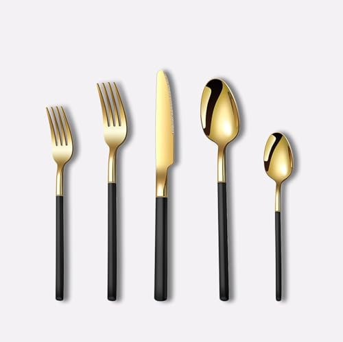 Set di Posate in Acciaio Inox 18/10, Set di Posate Dorate da 40 Pezzi, Posate Lavabili in Lavastoviglie, Posate con Manico Nero, Set di Posate per Ristoranti E Hotel (Gold 90pcs(Set for 18))
