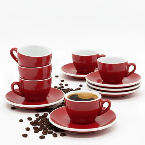 MUVELL Espressotassen Set 60 ml | Rot | Italian Style | dickwandig & schwer | spülmaschinenfest | Espresso 6er Set mit Untertassen - Geschenkset