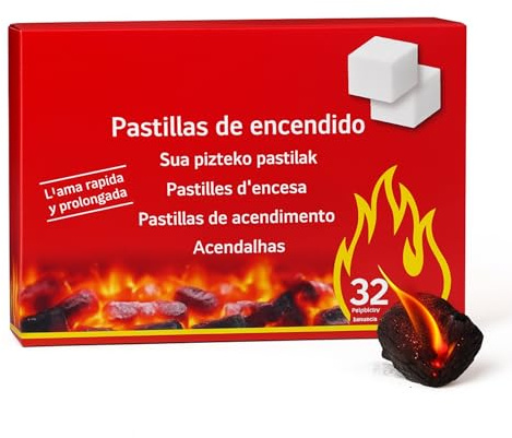 TECHZOCO pastilla de Encendido Carbón, Chimenea y Horno Leña, Fabricado en Extremadura, Llama Rápida y Prolongada, 1 Caja de 32
