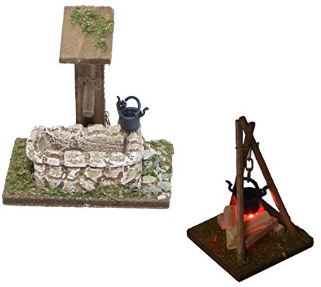 Generisch Alfred Kolbe Krippenzubehör Set, Brunnen und Lagerfeuer mit Dreifuß, Beleuchtete Feuerstelle, Handgefertigt