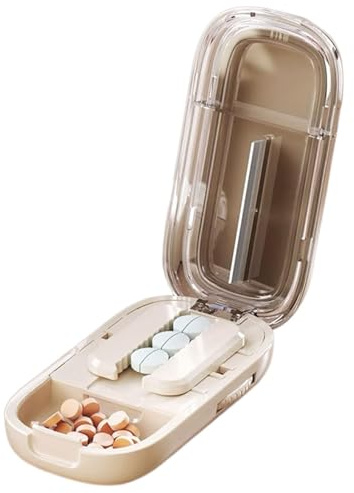 Coupe-pilules avancé pour tablettes – Lames en acier inoxydable avec couvercle de sécurité, séparateur de pilules portable pour une coupe précise (blanc)