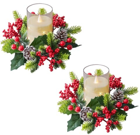 Kerzenring Weihnachten,2er Kerzenkranz Weihnachten Kerzenringe für Stabkerzen Adventskranz Tisch mit Beeren Tannenzapfen Deko Weihnachtskerzenringe Tischkranz für Weihnachtendekoration Tisch (E*2)