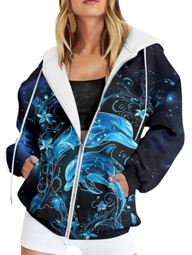 Sweat à capuche zippé pour femme avec imprimé dauphin lumineux - Veste à capuche 3D avec motif floral de mer - Veste artistique pour un look magique
