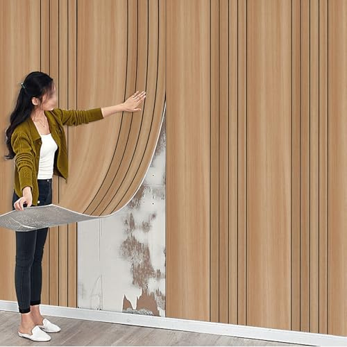 Tarwanear Self Adhesive Wallpaper Wood Effect Peel and Stick Wall Panels, Brown 40x300cm Waterproof 3D Thermal Insulation Wallpaper for Living Room Bedroom Kitchen Bathroom Ceiling, 1Roll