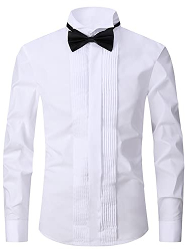 Men's Dress Shirts UK Long Sleeved Cotton Casual Male Tuxedo Tops Pleated Fold Down Collar Shirt Slim Fit Solid Color Blouses Evening Wedding Tuxedo Dinner Shirts with Bow Tie