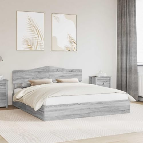 Qnhdfrt Cadre de lit moderne gris Sonoma 200 x 200 cm avec espace de rangement - Commode sous le lit - En bois robuste - 203 x 203 x 90 cm - Pour chambre à coucher, chambre d'amis et petits