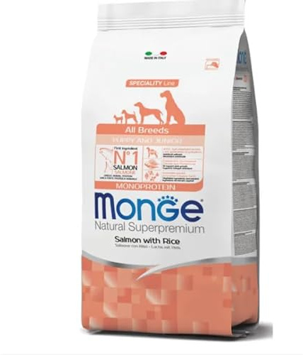 MONGE Cane Natural Superpremium All Breeds Puppy & Junior Monoprotein gusto Salmone con Riso | alimento secco completo per cani cuccioli di tutte le taglie, 1 confezione da 800 grammi, 1x800gr.