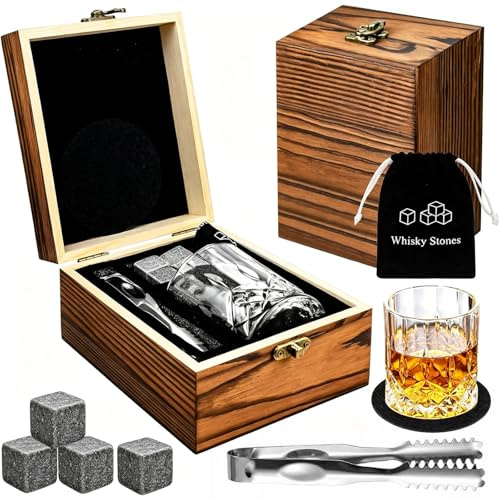 Whiskey Glass for Men, Whiskey Stones and Glass, Coaster & Tweezer in Handmade Wooden Box, Bourbon and Scotch Whiskey Tumblers Set, Father's Day/Anniversary/Birthday Gifts for Boyfriend Husband Dad