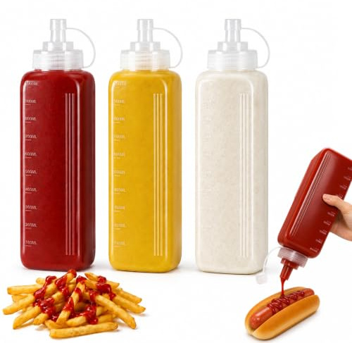 OAMCEG 3 Stück Eckige Quetschflasche 1000ml, Squeeze Flaschen für Saucen,Öl | Saucenflasche, Squeeze Bottle, Spritzflasche mit Kappen und Skala, Dosierflasche für Ketchup, BBQ Saucen, Sirup, Gewürze