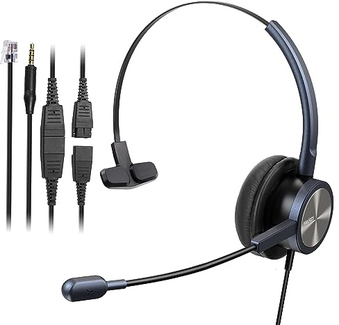 Mairdi Telefon Headset mit Noise Cancelling Mikrofon, Mono büro CallCenter Kopfhörer mit RJ11 und 3.5mm Klinke für Festnetztelefonen Polycom Avaya Nortel und Handy PC Laptops Tablets