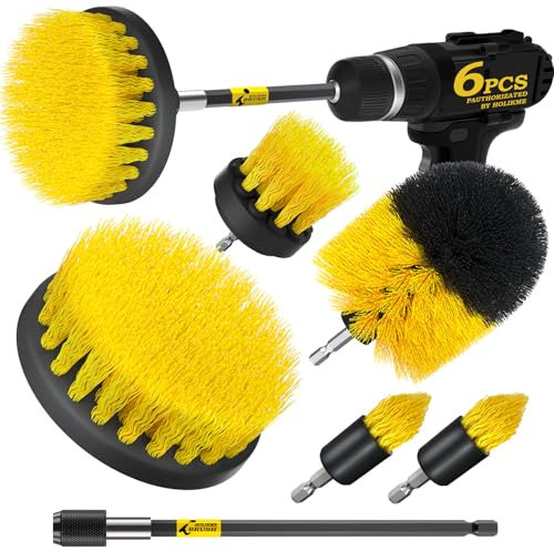 Holikme 4Pack Drill Brush Power Scrubber Cleaning Brush Extended Long Attachment Set All Purpose Drill Scrub Brushes Kit for Grout, Floor, Tub, Shower, Tile, Bathroom and Kitchen Surface，Yellow