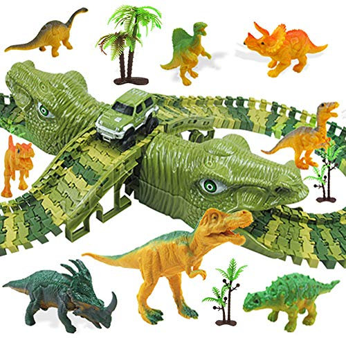 MOOKLIN ROAM 153 Stück Dinosaurier Autorennbahn Rennbahnen Cars, Dino Rennbahn Auto Spielzeug Cars Rennstrecke Spielzeugautos Speedway, Flexible Track Kran Spiele, 3+ Jahre Jungen Mädchen Geschenk