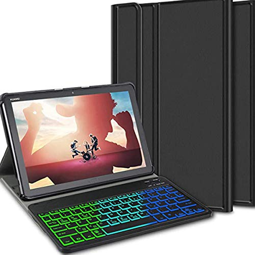 Claelech Funda para teclado Huawei Mediapad M5 Lite 10.1, funda delgada de cuero con tapa y soporte con teclado Bluetooth inalámbrico desmontable retroiluminado de 7 colores para M5 Lite 10.1