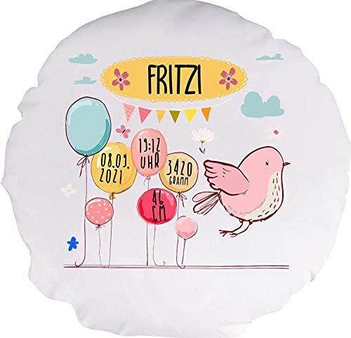 Kleckerliese Baby Kinder Kissen Personalisiert Kissenhülle Tiere Vogel Spatz Balon Wolken Name Geburt Datum Uhrzeit Gewicht, 40 cm Farbe Weiß