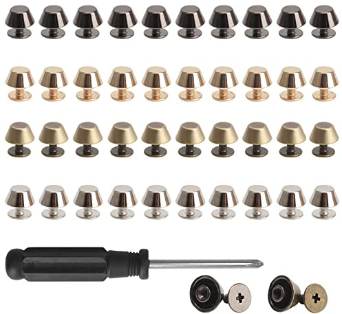 Haisheng Metal Feet Nailhead 41 Pieces Luggage Flat Stud Rivet with Screwdriver Bucket Type Foot Nailhead Kit Rivet Studs for Leather Set for DIY Leather Craft Tote Bag (4 Colors)