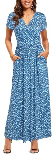 OUGES Women's Summer Casual V Neck Short Sleeve Floral Pattern Wrap Ladies Maxi Long Dress with Pockets(Floral-51,L)