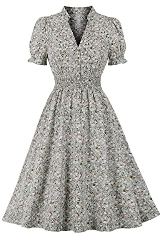 Wellwits Women's Collared V Neck Shirred Ditsy Floral Vintage Dress