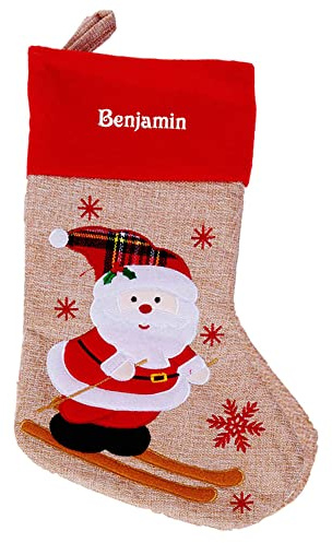 Amikado Weihnachts-Stiefel in Leinenoptik, Beige, personalisierbar mit Namen Bestickt - Weihnachtsdekoration - Weihnachtsmann