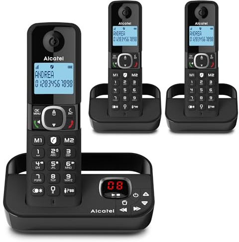 ALCATEL F860 Voice Trio - DECT Cordless Phone With Answering Machine - Large Backlit Display - Loudspeaker - Call Barring - 2 Direct Memory Keys - 3 Handsets - Black
