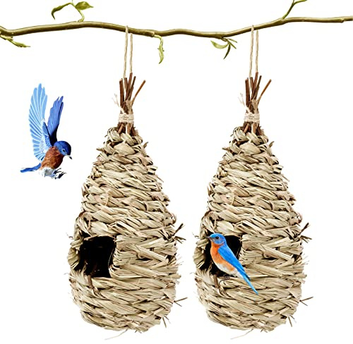 2 Pezzi Nido Uccelli da Appendere,Casetta per Uccelli da Albero,Casette per Colibrì da Appendere Esterno,Paglia Sacchetti di Posatoio per Uccelli,Scatole di Uccello Intrecciati a Mano,24x10,5 cm