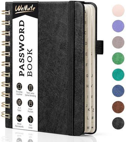 WEMATE Spiral-Passwortbuch mit alphabetischen Registerkarten, kleines Passwortbuch für Senioren, Internet-Passwort-Notizbuch, Hardcover, Passwort-Tagebuch, Logbuch, 11,9 x 15,2 cm, Schwarz
