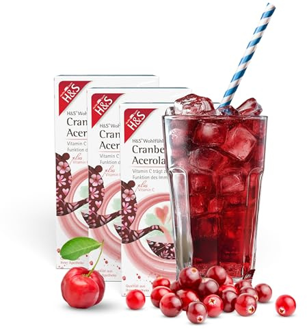 H&S Cranberry-Acerolakirsche mit Vitamin C Tee, 3 x 20 Beutel (à 2,8 g): Fruchtig-süße Teemischung, 3er Pack