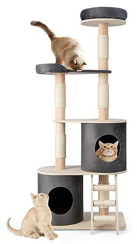 COSTWAY Kratzbaum Holz mehrstöckig, 161cm Katzenbaum Groß, Katzenkratzbaum mit 2 Höhlen & Plüschsitzstange & Plattform, Aktivitätsbaum Katzenmöbel, Katzen Spielhaus, Kletterbaum Grau