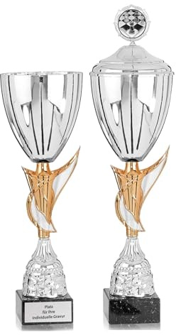 eberin · XL Premium Pokal Florence Silber/Kupfer · stilvoller Kelch Pokal mit Deckel 54cm / ohne Deckel 44cm · Sockel aus Marmor · Pokal personalisierbar ·