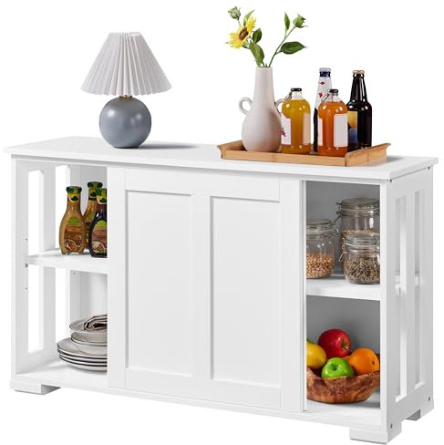 Abician Buffet de Salle à Manger en Bois 2 Portes Coulissantes Commode de Cuisine Étagère Réglable en Hauteur Cuisine Salon Salle à Manger Blanc Pur