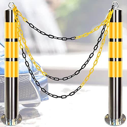 Sicherheitszapfen 2 Stück Poller mit Kunststoffkette, Parkplätze mit gelbem reflektierendem Klebeband, Sicherheitspfosten for Einfahrten, Beton for Garage oder Parkplatz (Größe: 650 mm H x 76 mm T (25