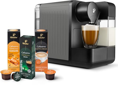 Tchibo Cafissimo „milk“ Kaffeemaschine Kapselmaschine inkl. 30 Kapseln für Caffè Crema, Espresso, Kaffee und Milchspezialitäten, Kapselmaschine mit Milchaufschäumer, Metallic Silver